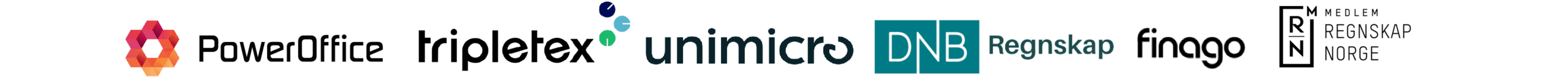 Logoer til våre samarbeidspartnere: PowerOffice, Tripletex, Unimicro, DNB Regnskap, Finago og Regnskap Norge
